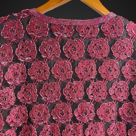 Jean for Joseph LeBon Rosette Beaded Jacket Floral Sequin Black Maroon Vintage M - Picture 9 of 9